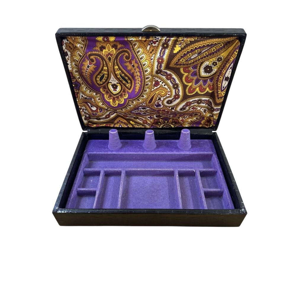 Vintage Buxton Jewelry Box Black Faux Croc Purple Velvet Paisley Mid Century MCM